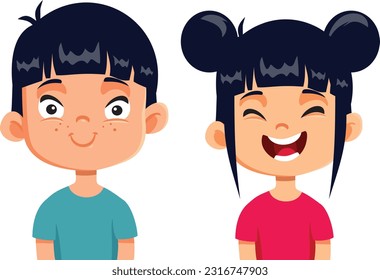 
Happy Kids of Asian Ethnicity Smiling Together Vector Cartoon Illustration. Cute adorable siblings joking and laughing 
