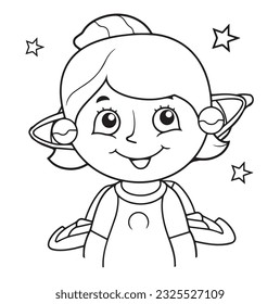 Happy kids astronaut exploring outer space. Vector illustration, black and white line art, doodle, sketch, cute.
