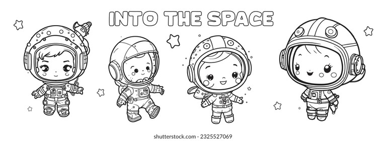 Happy kids astronauts are exploring outer space. Vector illustration, black and white line art, doodle, sketch, cute. cartoonish, mural art