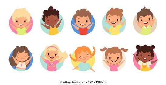 Happy kids avatars. Cute children smiling, boy girl in rounds vector set