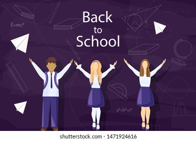 Happy kids back to school Vector. Pupils uniform dressed flat style
