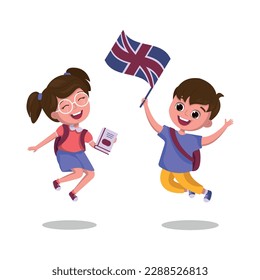 Happy kids, with backpack or bag. Boy and girl jumping holding flag of Great Britain and book in hand.   Isolated on white background. Vector EPS10 National day UK
