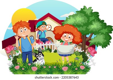 Happy kids at backyard illustration