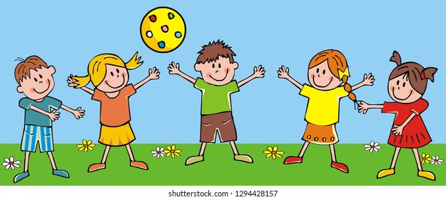 happy kids and ball on meadow, funny vector illustration