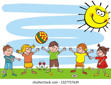 happy kids and ball on meadow, funny vector illustration	