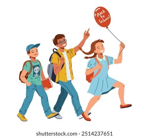 Happy kids with balloon walk to school flat color vector illustration. Cheerful junior schoolchildren with backpacks cartoon composition on white