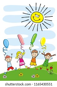Happy kids and balloons, funny postcard, vector