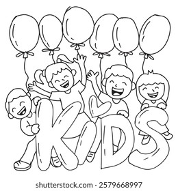 Happy Kids with Balloons on Black and White.