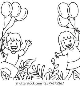 Happy kids with balloons in the park. Vector illustration for your design