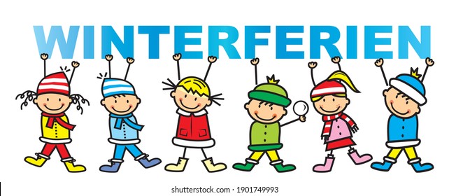 Happy kids with banner, text Winterferien, German, vector illustration