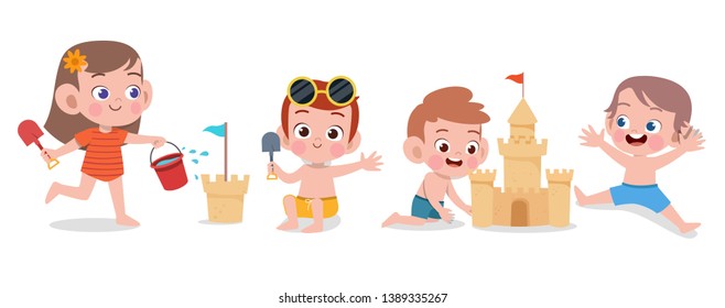 happy kids beach holiday vector illustration isolated