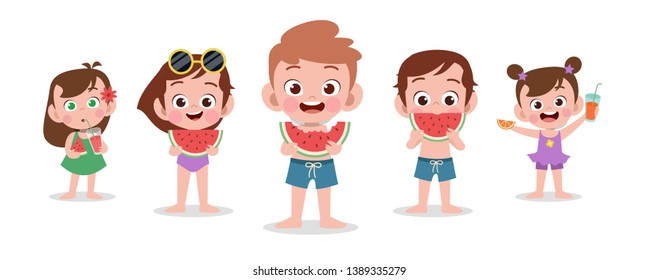 happy kids beach holiday vector illustration isolated