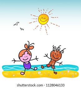Happy kids in beach. vector illustration of cartoon  girl and boy,  hand drown