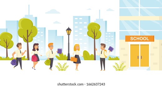 Happy kids with books outside of school building. Pupils in uniform or schoolmates with textbooks walking outdoors. Schoolchildren with backpacks on city street. Flat cartoon vector illustration.