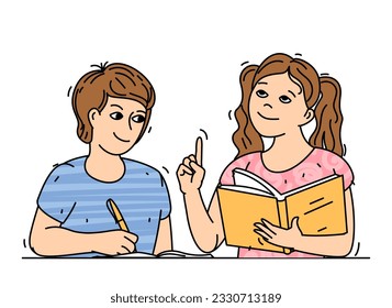 Happy kids, boy and girl. Cute children doing schoolwork together. Education and learning vector illustration.