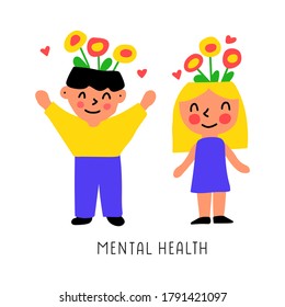 Happy kids boy and girl. Mental health. Hand drawn illustration on white background.