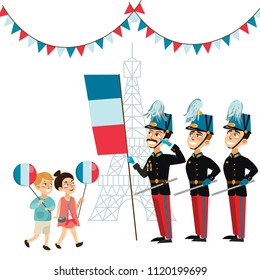 Happy kids boy and girl with national balloons watch Military parade during ceremonial of french national holiday Bastille day vector illustration, officer army on ceremony