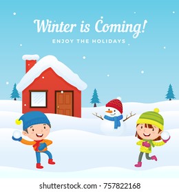 Happy Kids Boy And Girl Playing Snowball Fight Game In Front Of The Snowy House And Snowman At Winter Season In Snowy Ground Background. Holiday Greeting Card, Banner, Poster Template.