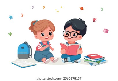 Happy kids boy and girl read book and study together