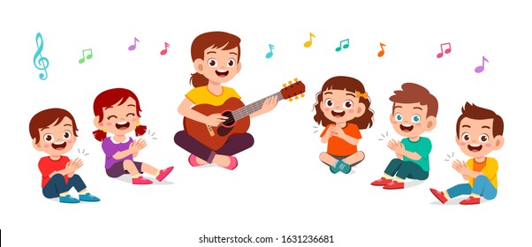 happy kids boy and girl sing song with teacher