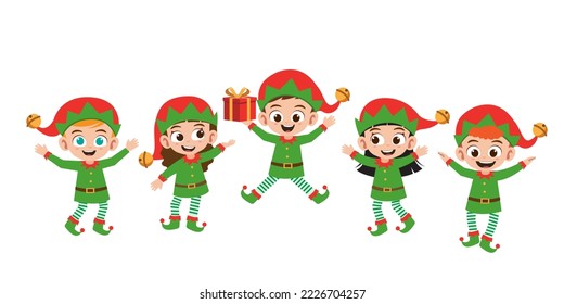 Happy kids boy and girl smile wearing elf Christmas costume vector illustration set