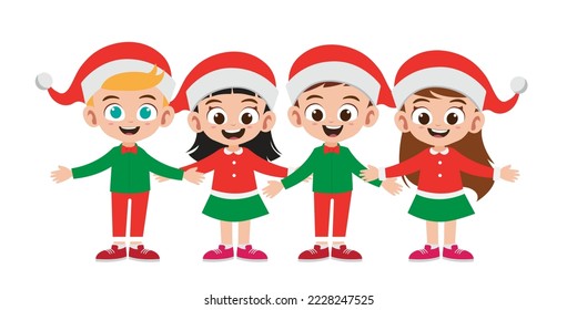 Happy kids boy and girl smile wearing Christmas costume vector illustration set