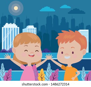 Happy kids boy and girl smiling and playing in the park over cityscape urban scenery at night ,vector illustration graphic design.