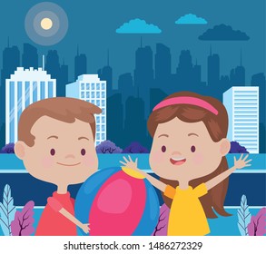 Happy kids boy and girl smiling and playing with ball in the park over cityscape urban scenery at night ,vector illustration graphic design.