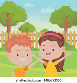 Happy kids boy and girl smiling and playing at nature outdoors ,vector illustration graphic design.