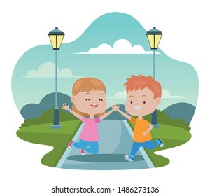 Happy kids boy and girl smiling and playing in the nature park scenery ,vector illustration graphic design.