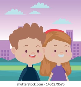 Happy kids boy and girl smiling and playing in the park over cityscape urban scenery ,vector illustration graphic design.