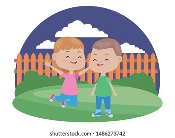 Happy kids boy and girl smiling and playing in the garden ,vector illustration graphic design.