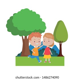 Happy kids boy and girl smiling and playing in the nature with trees and bushes ,vector illustration graphic design.