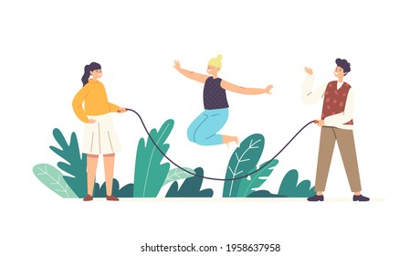 Happy Kids Boys and Girls Characters Playing with Jump Rope. Sports Recreation, Outdoor Active Sparetime, Physical Activity in Yard with Friends at Summer Time. Cartoon People Vector Illustration
