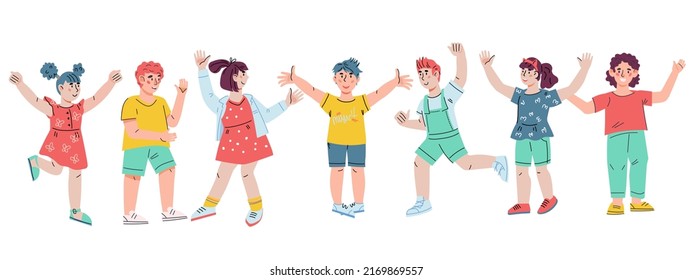 Happy kids boys and girls group, flat cartoon vector illustration isolated on white background. Cheerful joyful children for kids education or entertainment topics.