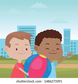 happy kids boys playing and having fun with ball in the park over cityscape urban scenery ,vector illustration graphic design.