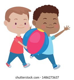 happy kids boys playing and having fun with ball vector illustration graphic design.