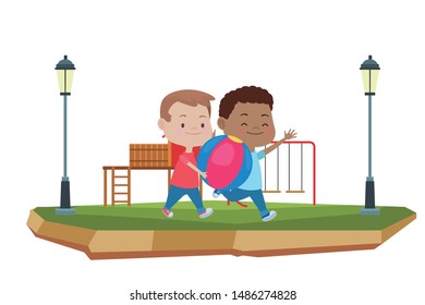 happy kids boys playing and having fun with ball at park with playgrounds ,vector illustration graphic design.