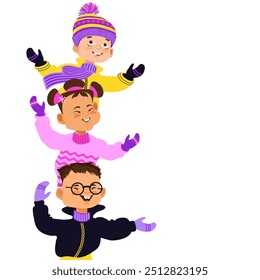 Happy kids in bright winter clothes. A group of cute cartoon children ready for winter outdoor activity. Diverse multiethnic boys and girls. Hand-drawn isolated colorful vector flat illustration.