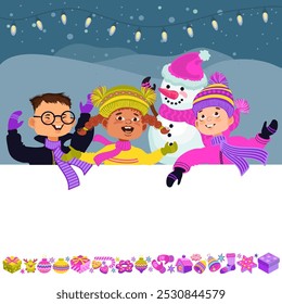 Happy kids in bright winter clothes and a snowman. Greeting card template. Cheerful cartoon children, Christmas decor, and a place for your text. Vector illustration.