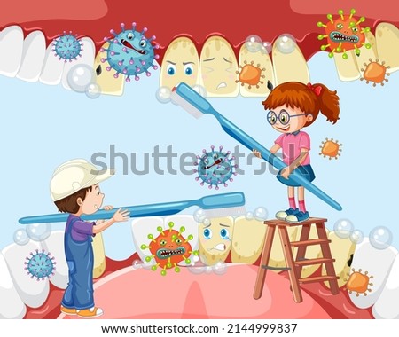 Happy kids brushing teeth decay with a toothbrush inside human mouth illustration