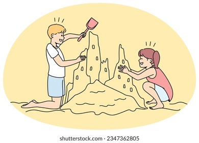 Happy kids building sand castle on beach. Smiling children have fun playing on seashore on summer vacation. Vector illustration.