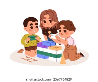 Happy kids building with toy bricks in nursery. Cute children stack tower with plastic blocks together. Little friends play games, have fun. Flat isolated vector illustration on white background