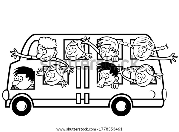 happy kids at bus, coloring book, vector\
humorous illustration