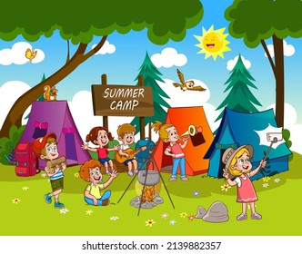 niños felices por fogata en campamento de verano - niños tomando selfie de camping - ilustración vectorial, eps