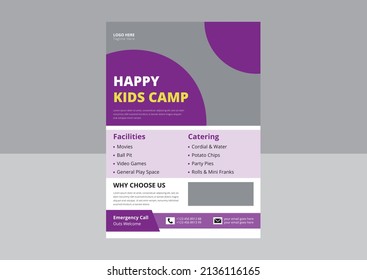 Happy Kids Camp flyer design. Summer Kids Camp flyer poster design. Cover, leaflet, flyer, template design.