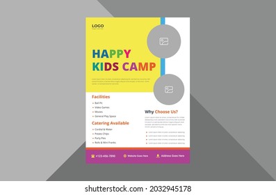 happy kids camp flyer template. child summer camp poster leaflet design. 
a4 template, brochure design, cover, flyer, poster, print-ready
