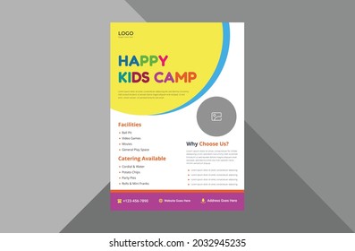 happy kids camp flyer template. child summer camp poster leaflet design. 
a4 template, brochure design, cover, flyer, poster, print-ready