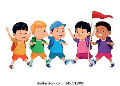 Happy kids with camping backpacks and flag ready to summer camp. vector illustration. graphic design.