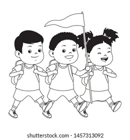 Happy kids with camping backpacks and flag ready to summer camp. vector illustration.